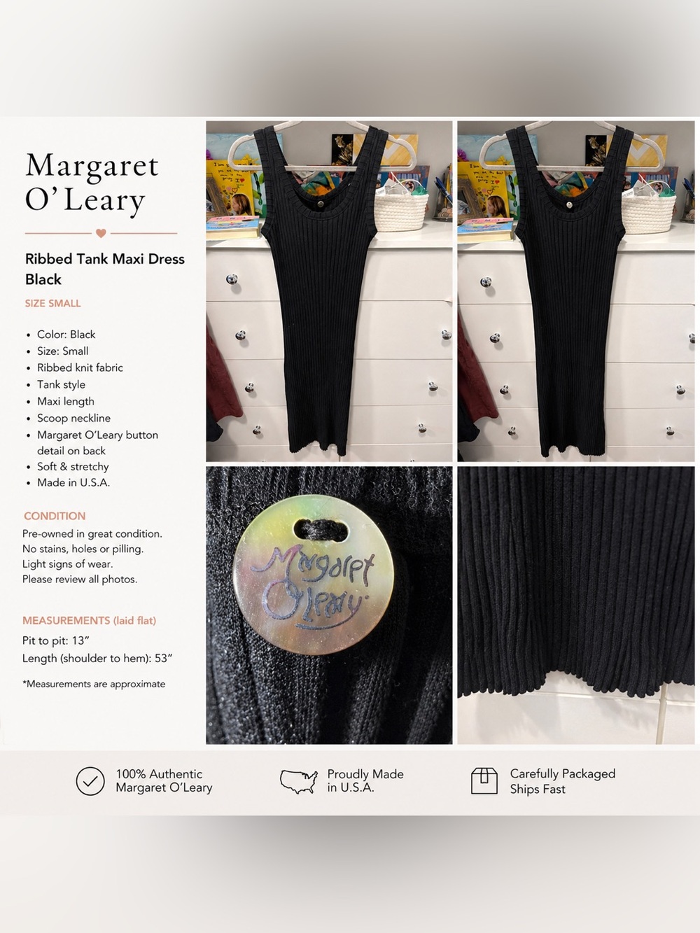 Margaret O'Leary Black Ribbed Knit Dress with Branded Button